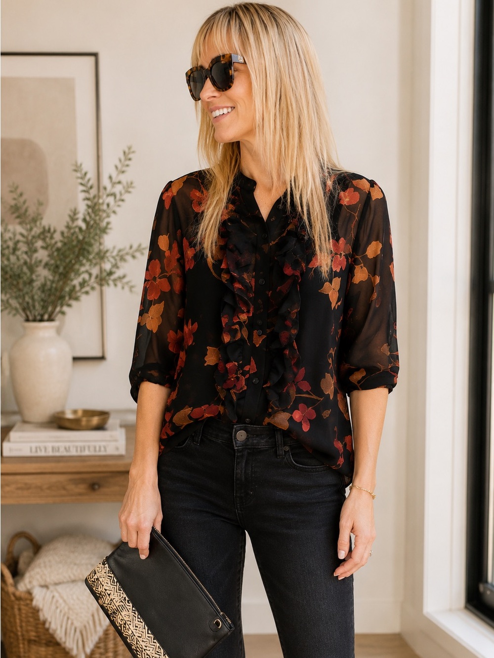 300 CABi Catherine Blouse Black Sheer Floral Ruffle Button Front Top Size Small